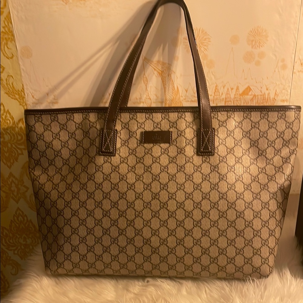 Gucci Monogram Beige and Dark Brown Tote